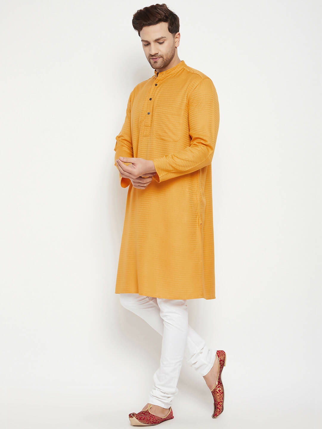 Even Apparels Yellow Viscose Men's Long Kurta With Band Collar | Swadesiicart
