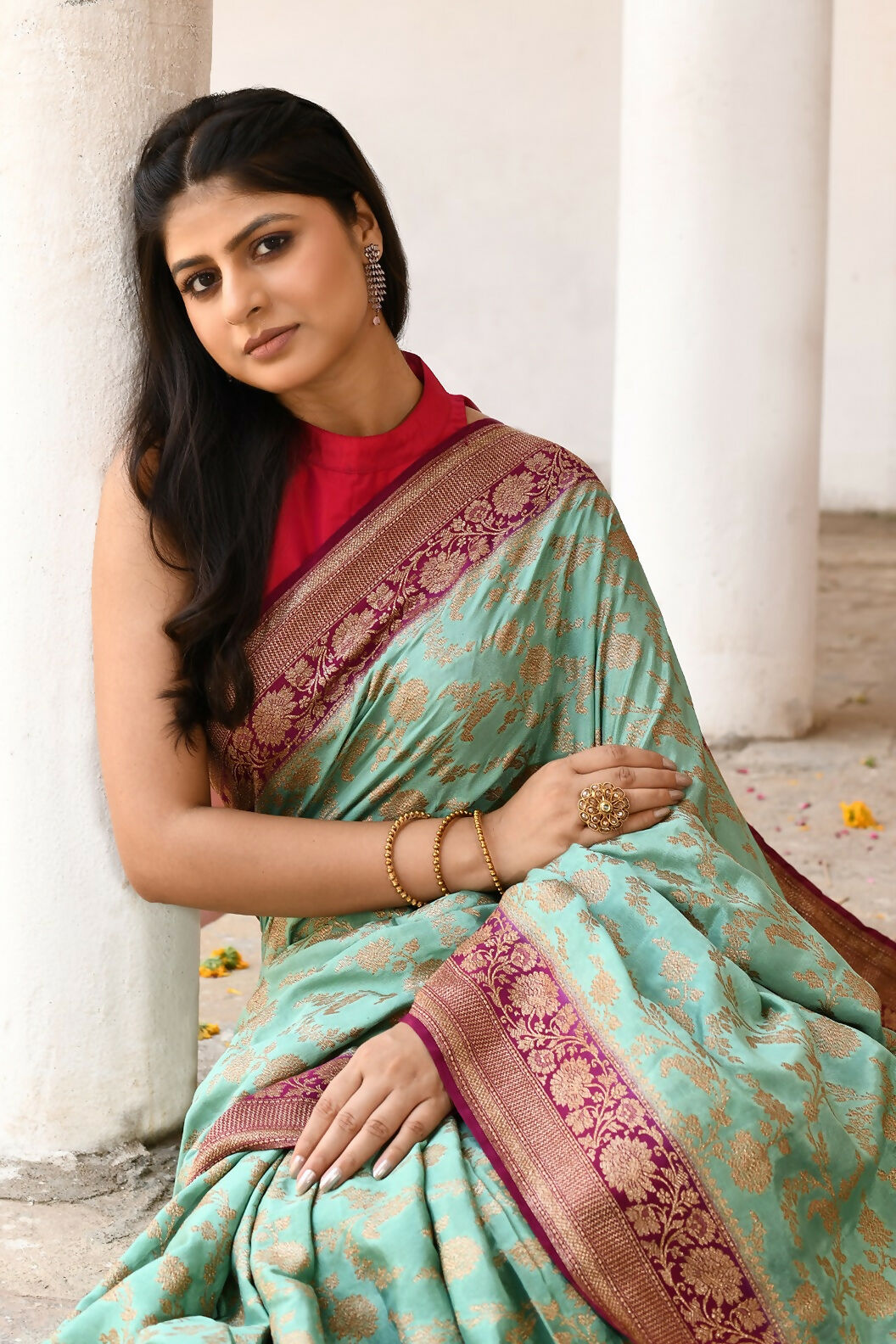 Joban Fashion Aqua Crepe Chiffon Pure Handloom Banarasi Silk Saree | Swadesiicart