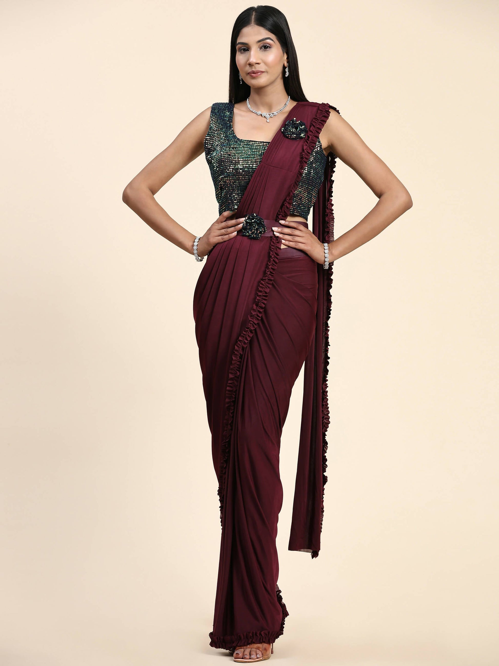 Maroon Imported Fabric Plain Ready to wear Saree with stitched Blouse - Vrinda | Swadesiicart