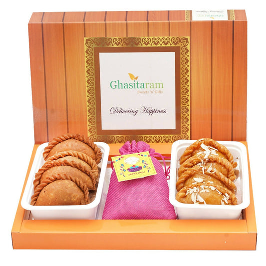 Ghasitaram Assorted Box of Gujiyas, Dry Sweet Gujiyas and Thandai | Swadesiicart