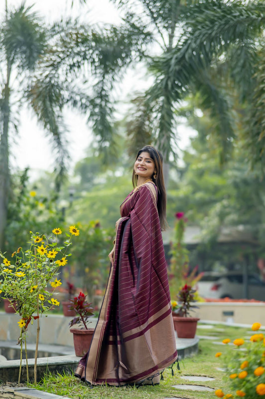 Vishnu Weaves Women's Maroon Raw Silk Saree with Blouse - Swadesiicart