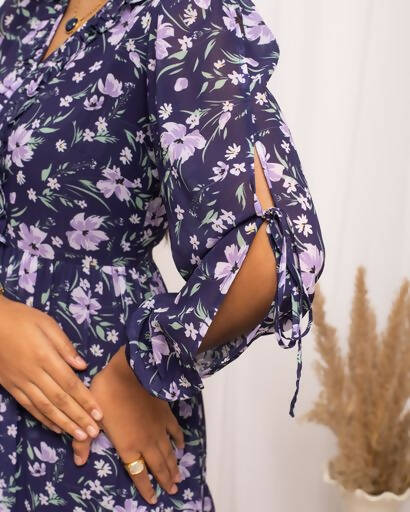 FIORRA Women's Blue Georgette Floral Printed Western Dress - Swadesiicart