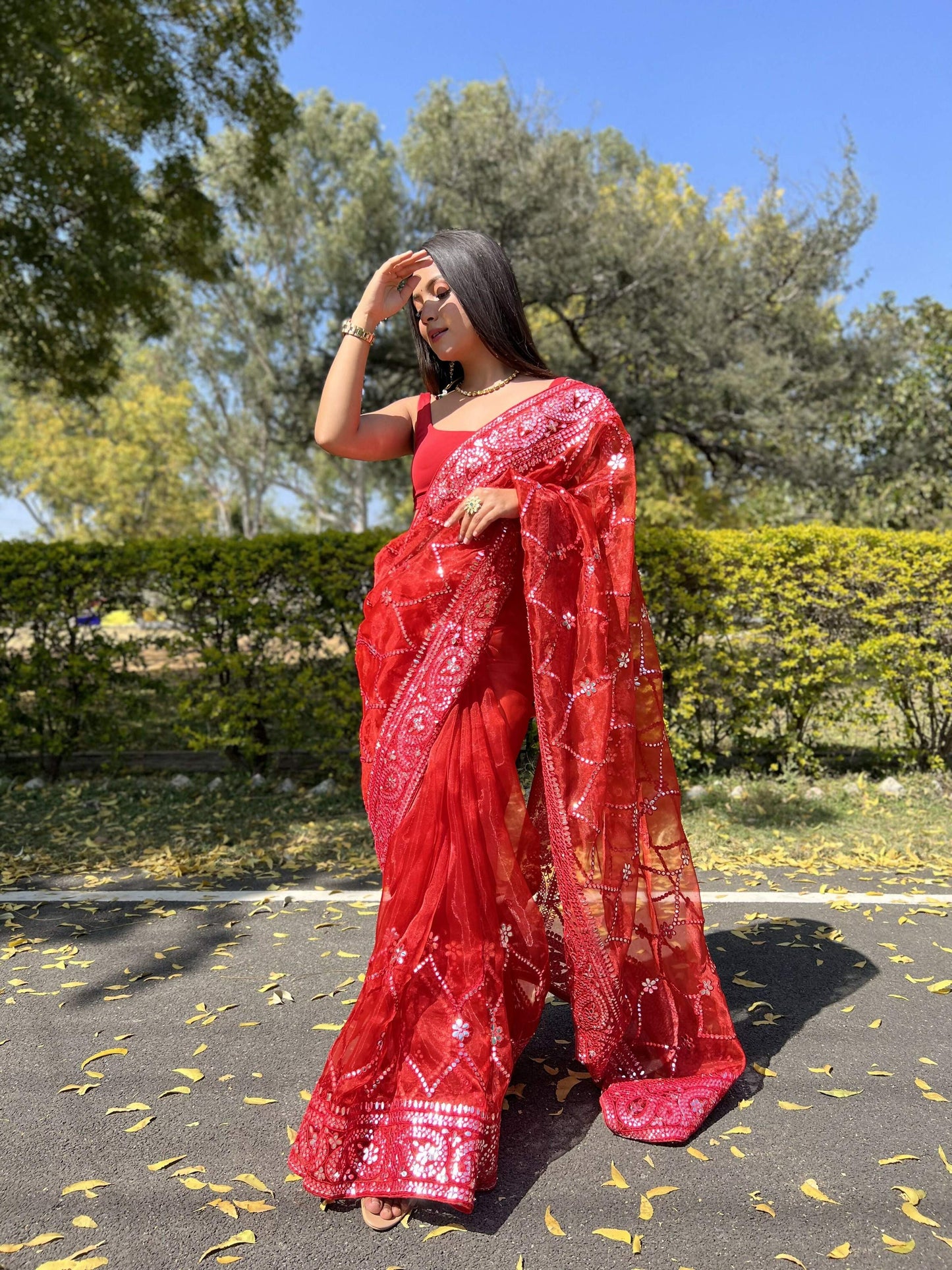 Vamsee Naina Red Organza Saree - Swadesiicart