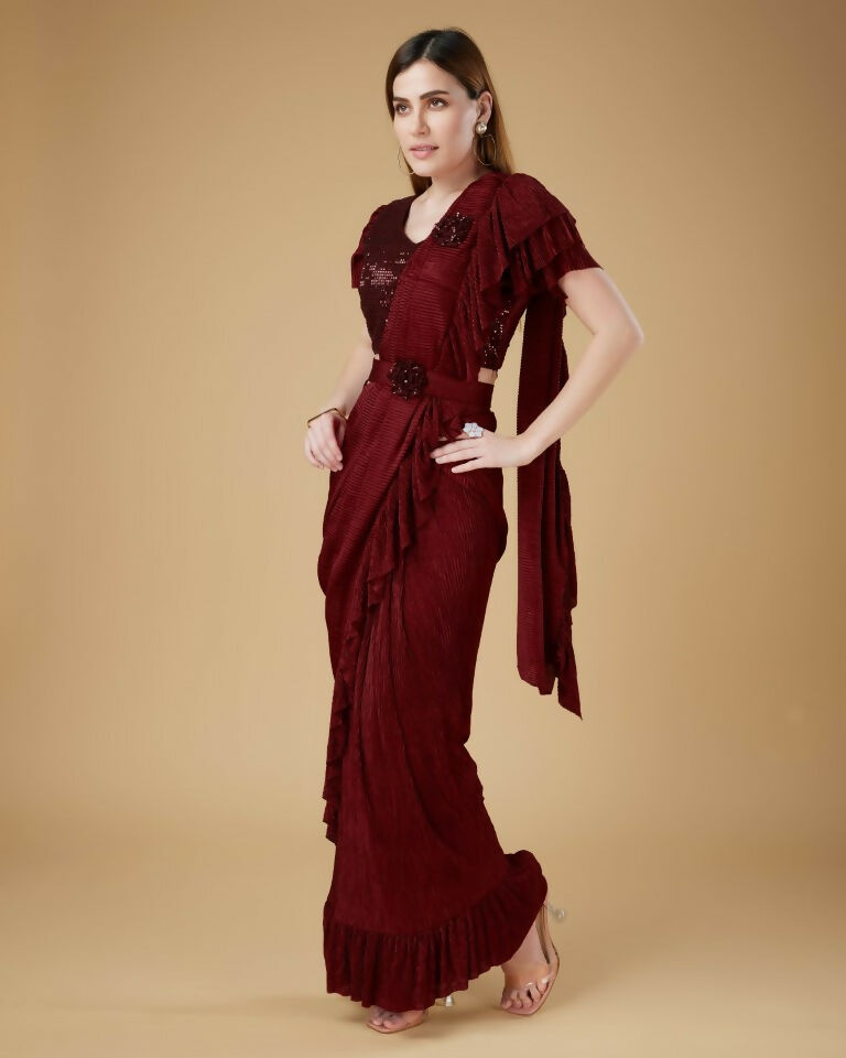 Maroon Imported Crush Solid Ready to Wear Saree with stitched Blouse - Aayan | Swadesiicart