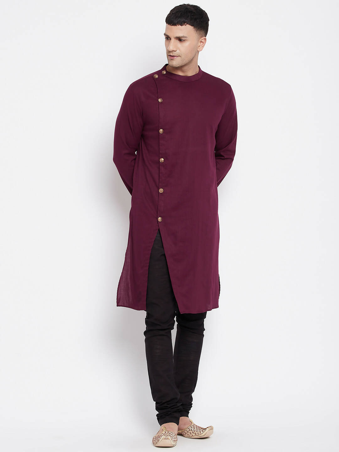 Even Apparels Maroon Pure Cotton Men's Sherwani Kurta With Asymetrical Cut | Swadesiicart