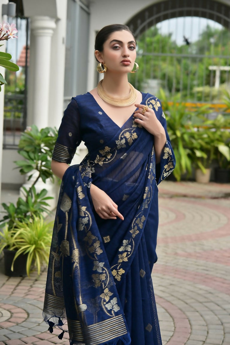 Vishnu Weaves Women's Blue Linen Silk Zari Weaving Saree with Blouse - Swadesiicart