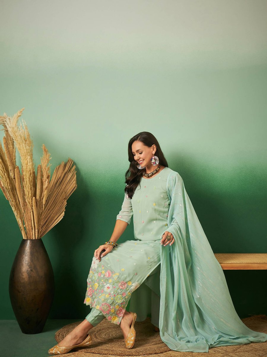 Aqua Blue Georgette Handwork Unstitched Dress Material - Hanika | Swadesiicart
