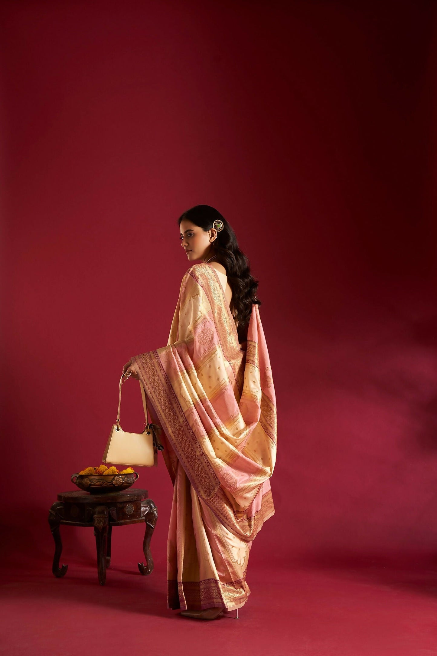 Joban Fashion Cream & Light Pink Plain With Weaving Border Banarasi Silk Sarees | Swadesiicart