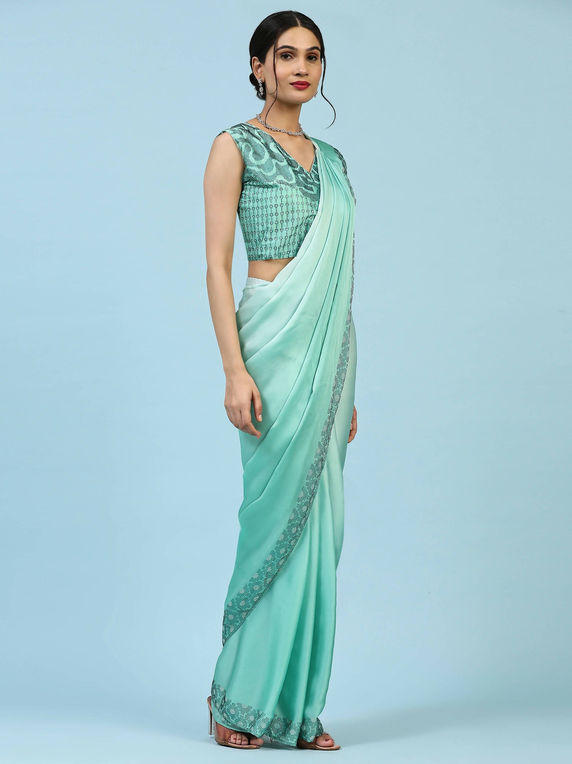 Sea Green Ombre Satin Georgette Plain Ready to wear Saree with stitched Blouse - Vrinda | Swadesiicart