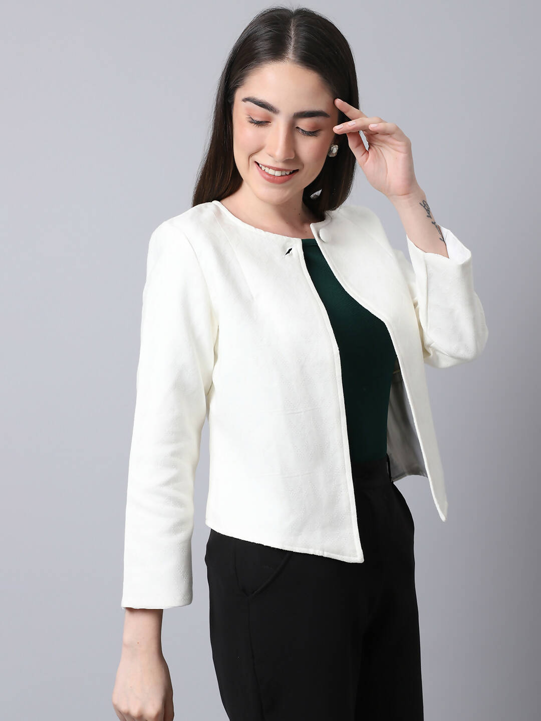 Even Apparels White 100% Viscose Open Front Statement Women's Jacket | Swadesiicart