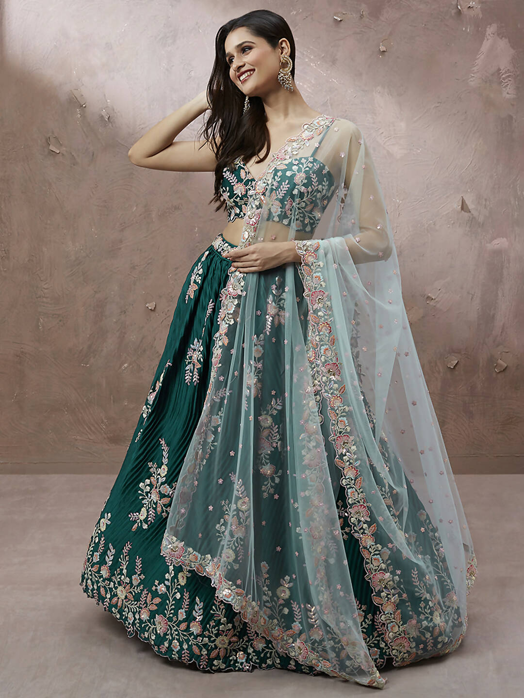 House of Panchhi Teal - Pure Georgette Thread & Sequins Work Lehenga | Swadesiicart