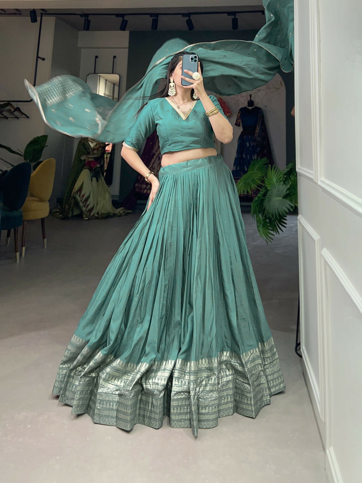 Lorenvalley Seagreen Pure Chanderi Plain With Zari Weaving Work Border Lehenga Choli | Swadesiicart