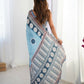 Blue Chinon Designer Digital Printed,Mirror Cut Work Saree - Elayna