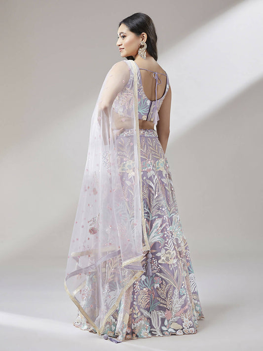 House of Panchhi Muave Net Sequinse Work Lehenga & Blouse with Dupatta | Swadesiicart