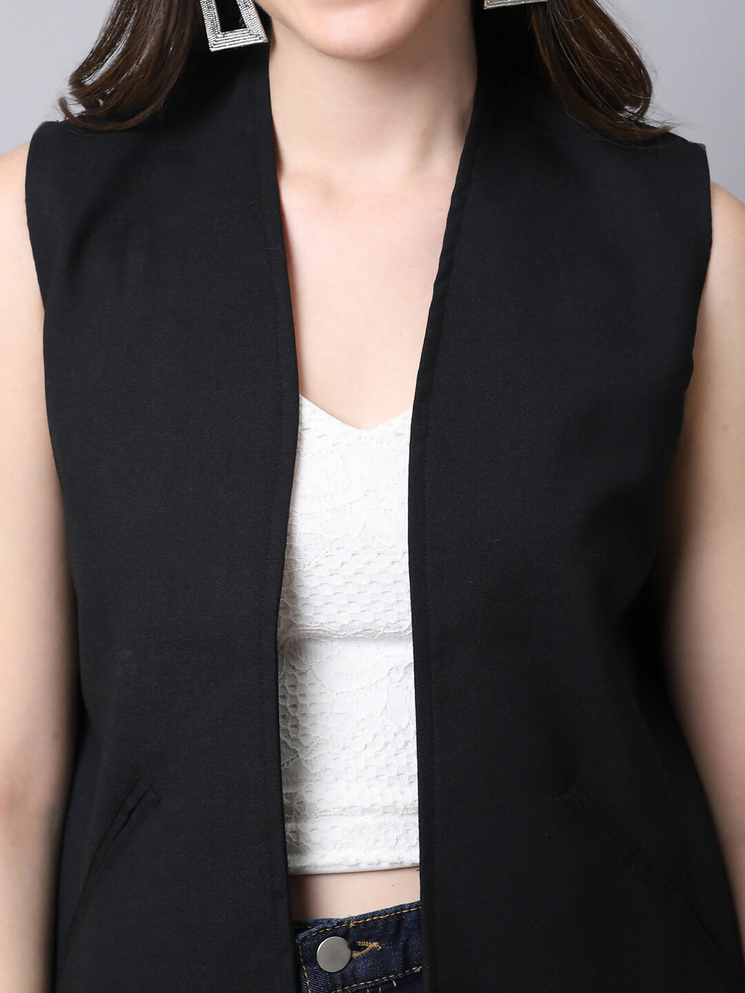 Even Apparels Black Linen Cotton Open Front Women's Waistcoat | Swadesiicart