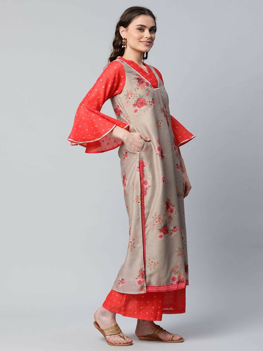 Ahalyaa Womens Chiku Chanderi Printed Kurta Palazzo Set | Swadesiicart