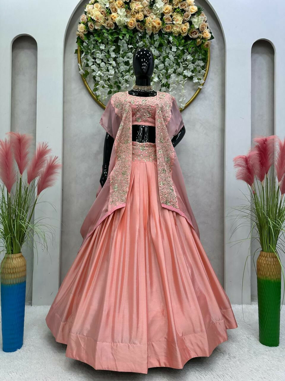 Jyoti Fashion Women's Pink Chinon Sequins with Thread Embroidered Designer Lehenga Choli with Shrug Set | Swadesiicart
