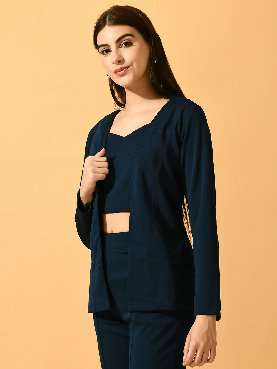 Myshka Women's Navy Blue Solid Coat With Trousers - Swadesiicart