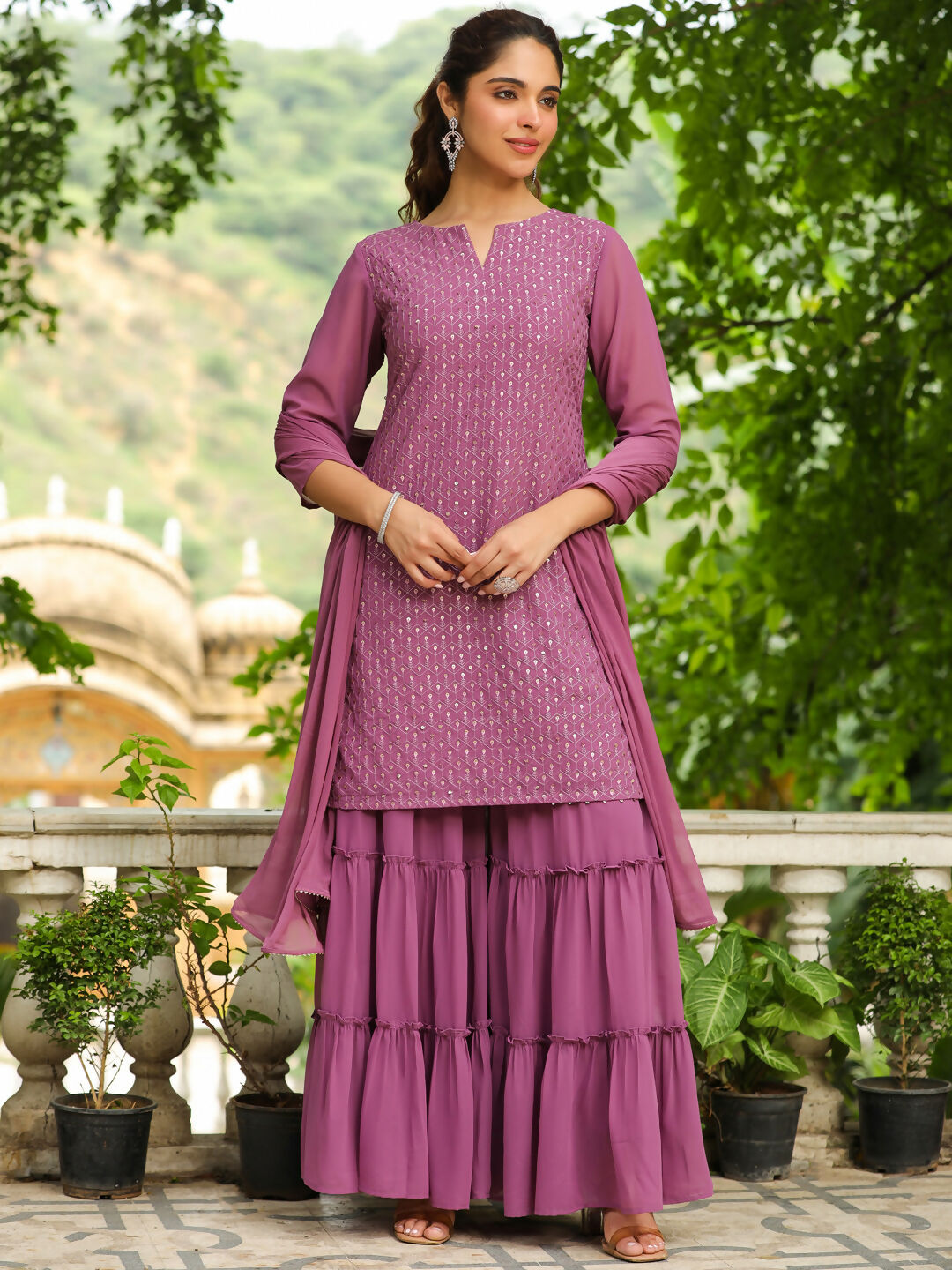 Janasya Lavender Georgette Embroidered Kurta,Bottom & Dupatta | Swadesiicart