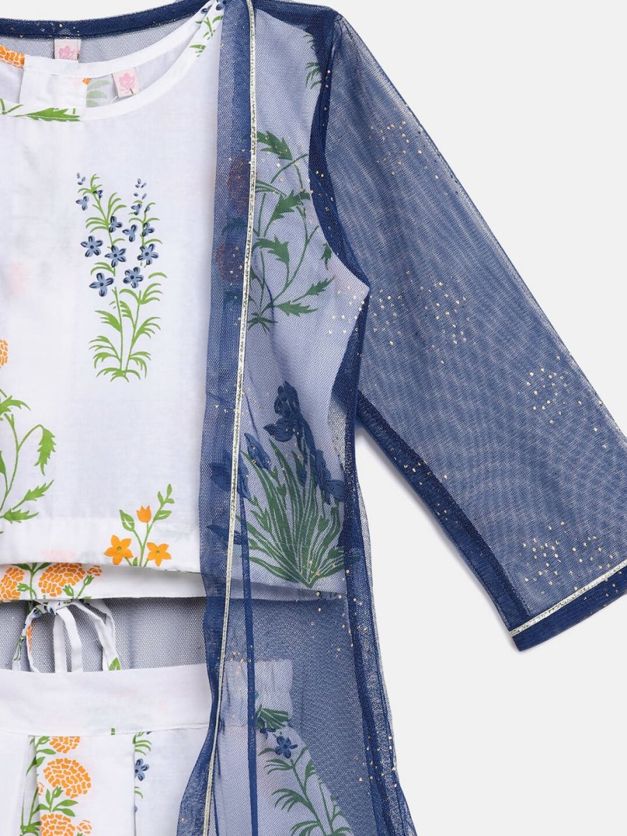 Ahalyaa Off White Cotton Printed Kids Top and Palazzo With Net Jacket For Girls | Swadesiicart