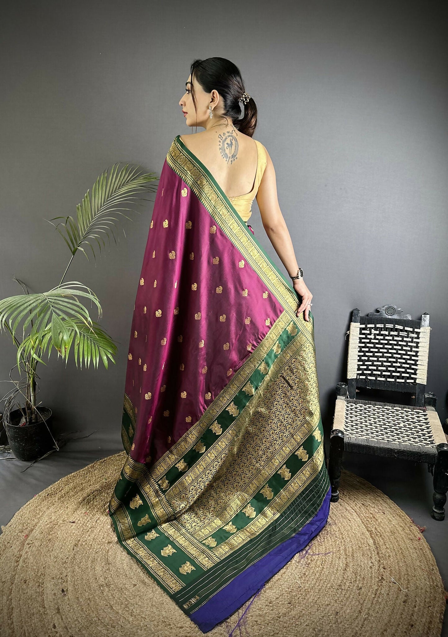 Joban Fashion Wine Banarasi Soft Silk Woven Butti Saree | Swadesiicart