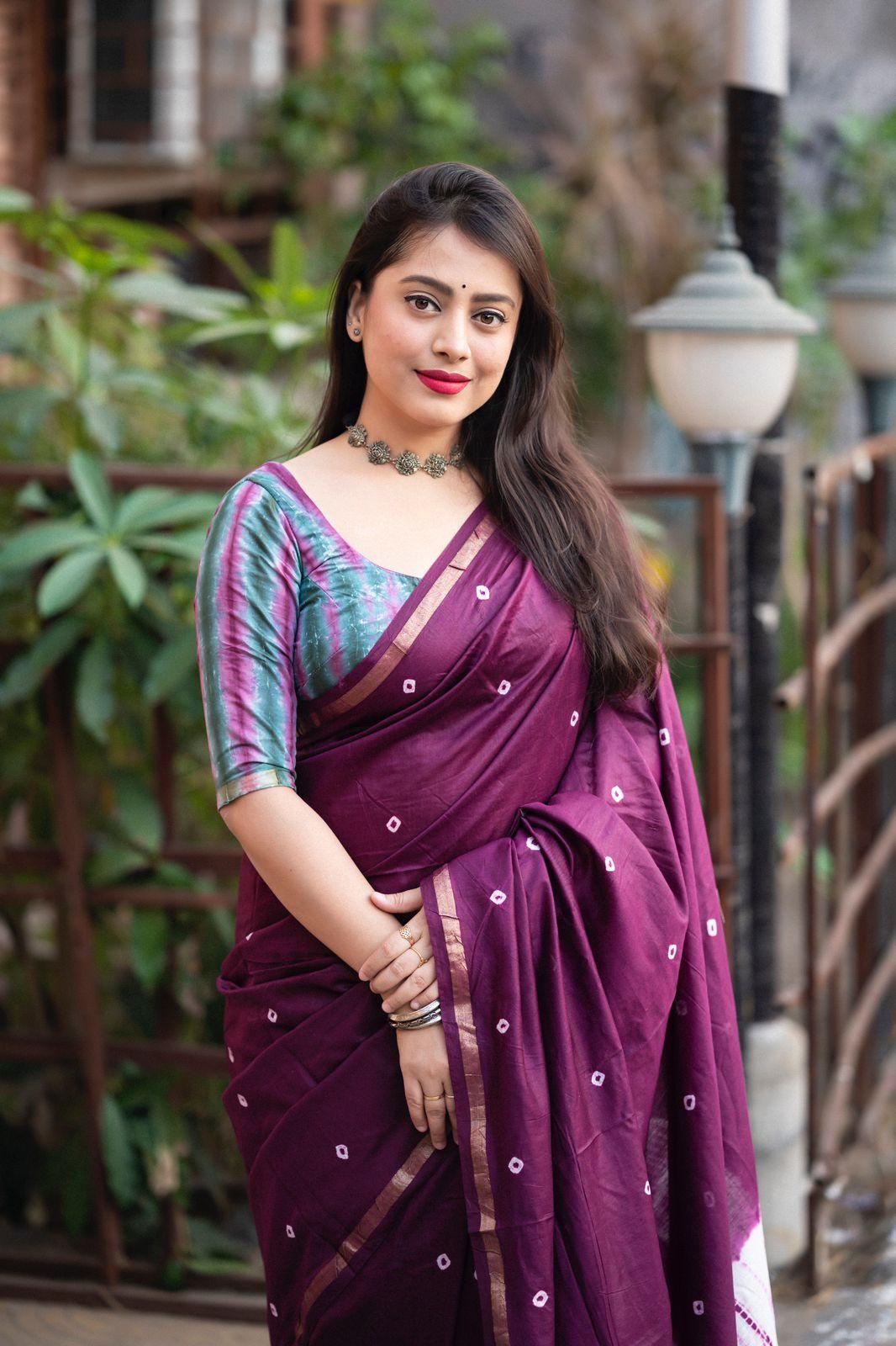 Purple Chanderi Cotton Block Print Saree with Unstitched Blouse - Hiral Fashion | Swadesiicart