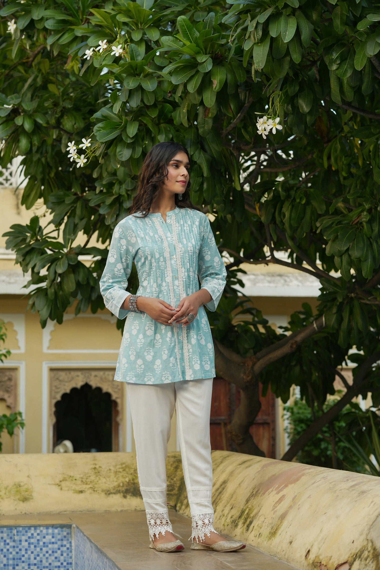 Juniper Women's Skyblue Cambric Placement Floral Printed Tunic | Swadesiicart