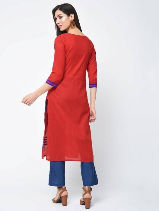 Aniyah Cotton Red Color Straight Kurta With Patchwork (AN-108K) - Swadesiicart