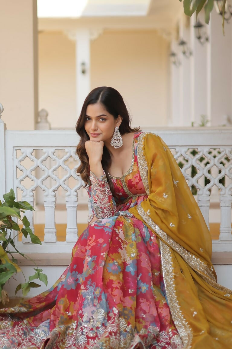 Jyoti Fashion Women's Pink & Yellow Russian Silk Sequins Zari Embroidery Anarkali Dress with Dupatta | Swadesiicart