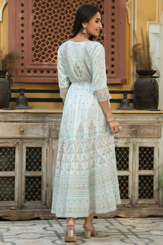 Juniper Women's Skyblue Viscose Shantoon Festive Printed Flared Dress | Swadesiicart