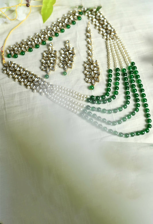Mominos Fashion Johar Kamal Gold-Polished Rani Haar with Green and Off white Pearls Jewellery Set - Mominos Fashion