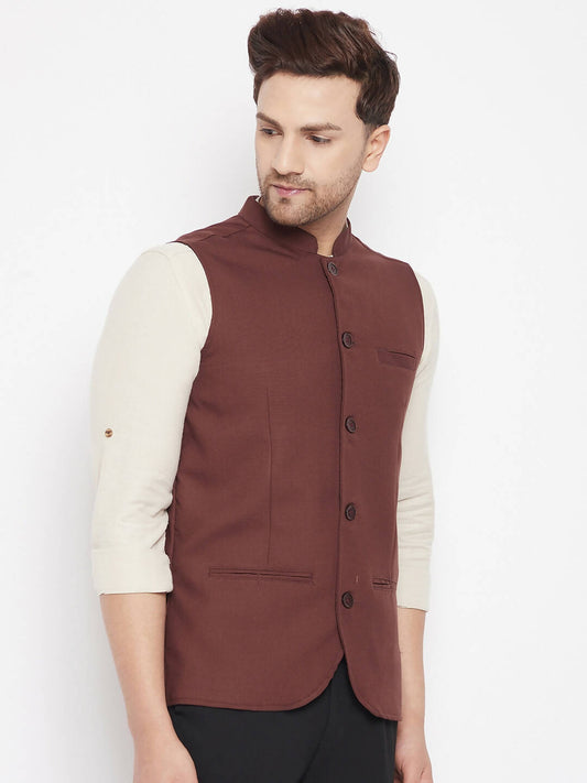 Even Apparels Maroon Merino Men Woven Nehru Jacket | Swadesiicart