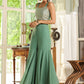 Janasya Sage Green Georgette Sequined Top Bottom Cape | Swadesiicart