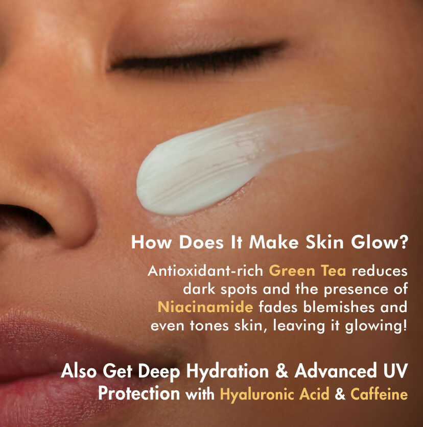 mCaffeine Sun Fix Daily Glow Green Tea Sunscreen SPF 50 PA++++ with Niacinamide, Lightweight & No White Cast - Swadesiicart