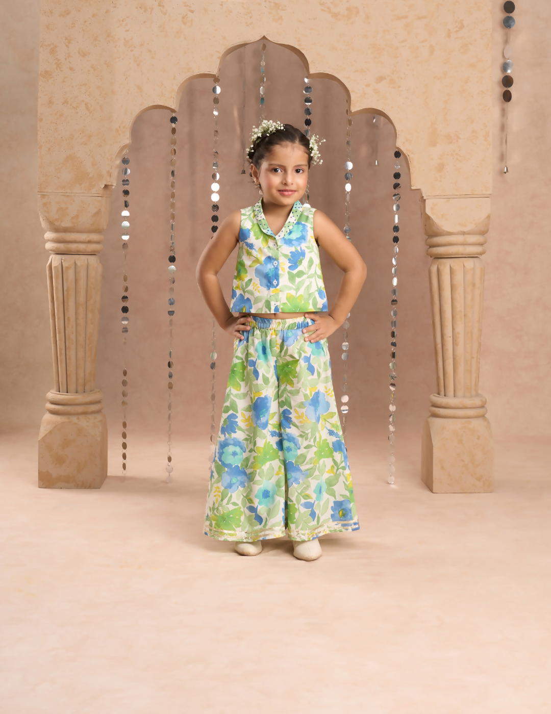 Lil Drama Jaipur Print Stylish Top with Pant Co-ordinate Set for Girls - Green - Swadesiicart