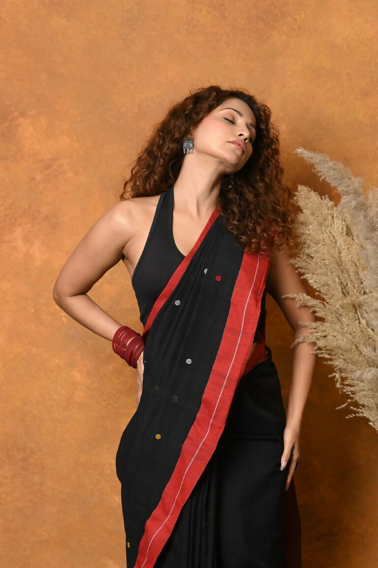 Very Much Indian Pure Cotton Handloom Saree with Buttis & Sleek Border - Black | Swadesiicart
