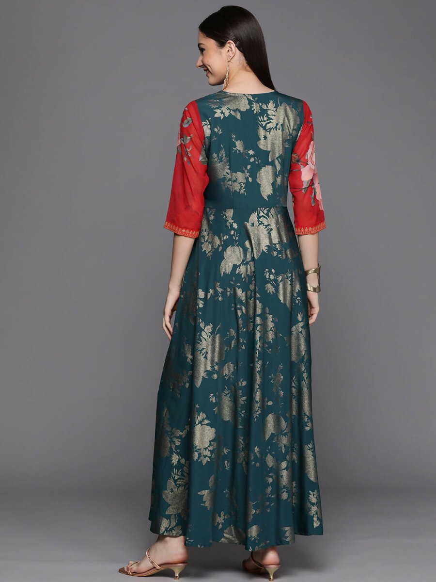Ahalyaa Women's Green Crepe Gold Smoke Printed Dress | Swadesiicart