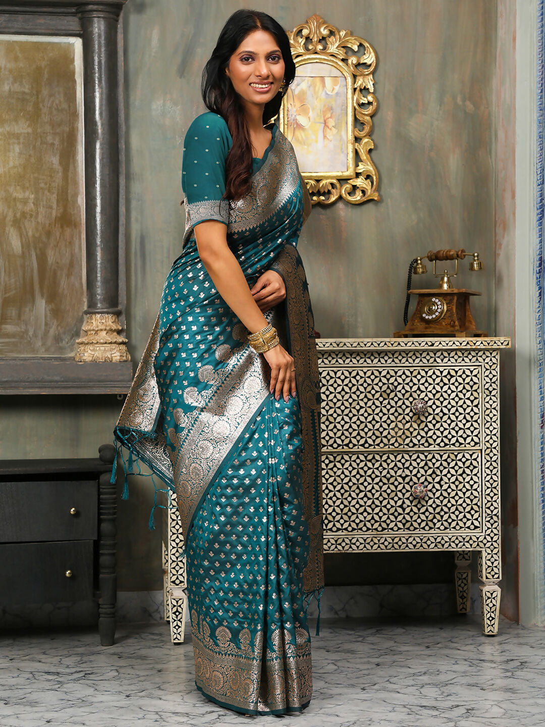 Astita Banarasi Silk Sea Green Saree | Swadesiicart