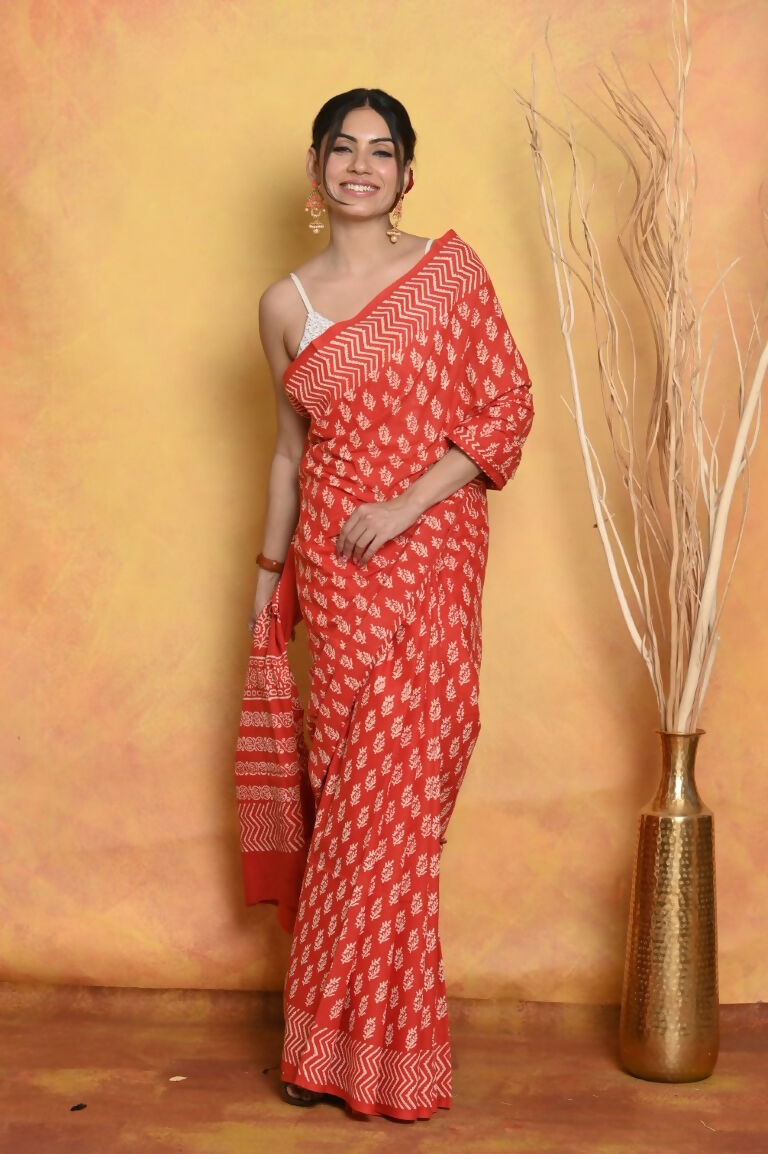 Very Much Indian Handblock Printed Cotton Saree With Natural Dyes - Orange | Swadesiicart