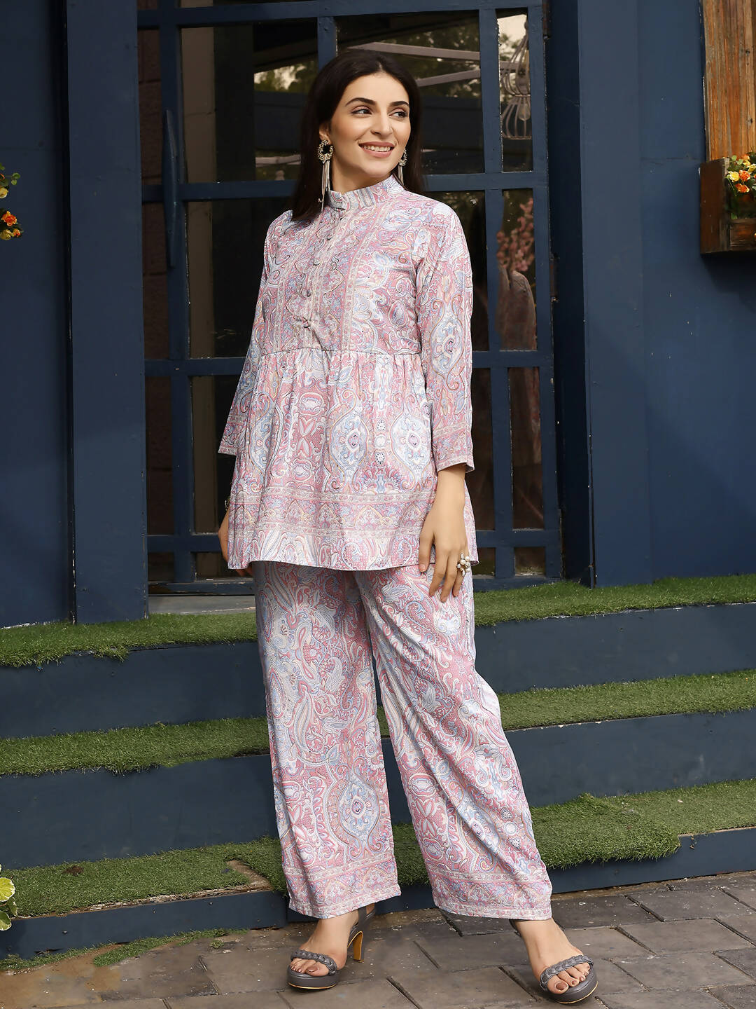 Light Pink Rayon Floral Printed Top with Matching Bottom - Eesha - Swadesiicart