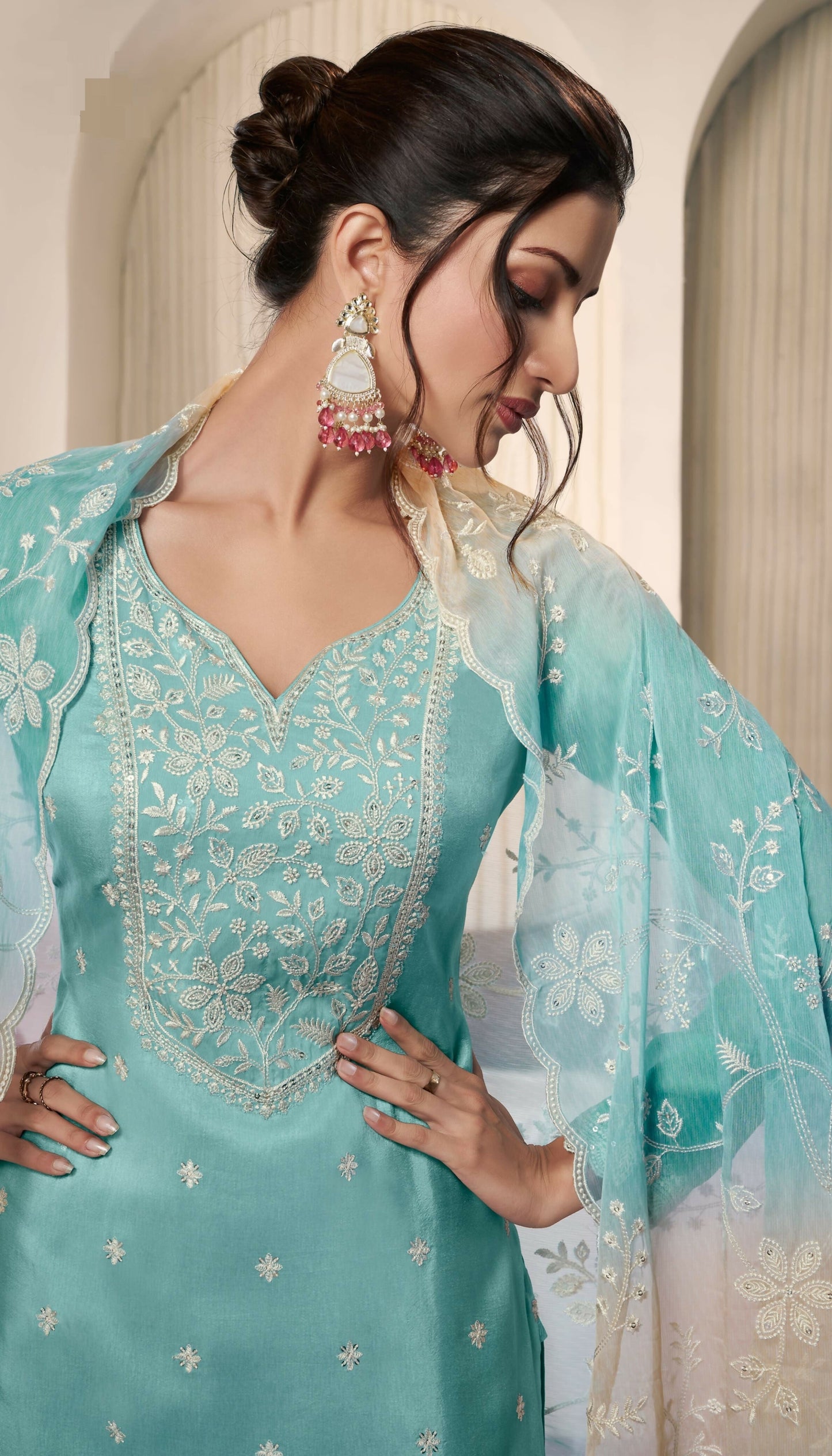 Anaita Aqua blue Embroidered Silk Stitched Salwar Suit