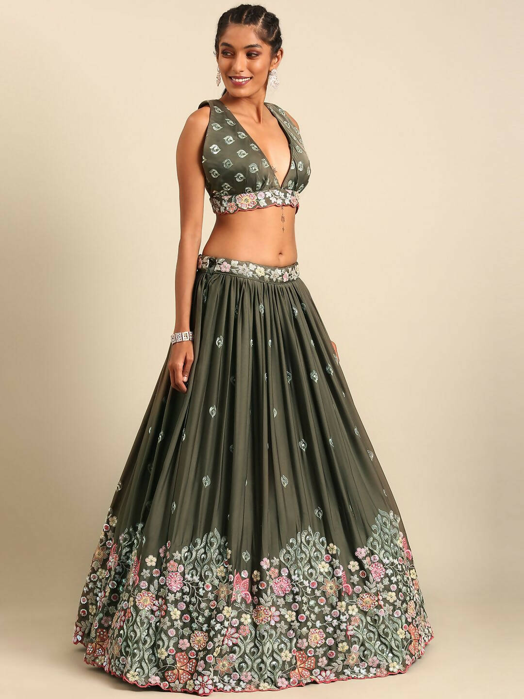 House of Panchhi Olive Chinon Sequins embroidery Lehenga choli & Dupatta | Swadesiicart