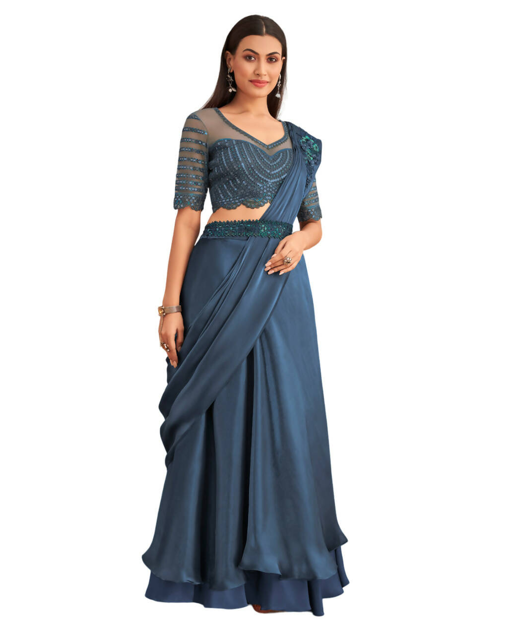 Navy Blue Satin Embroidered Ready To Wear Saree With Unstitched Blouse Piece - Nandika | Swadesiicart