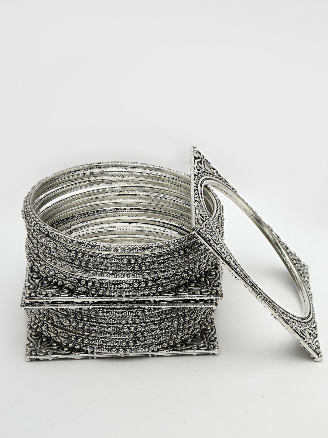 NVR Women's Set of 8 Silver-Toned German Silver Oxidised Bangles - Swadesiicart