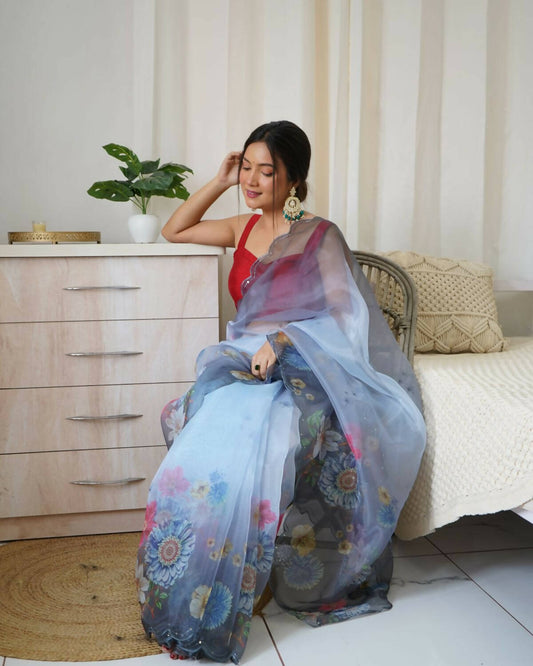 Vamsee Grey Organza Saree - Swadesiicart