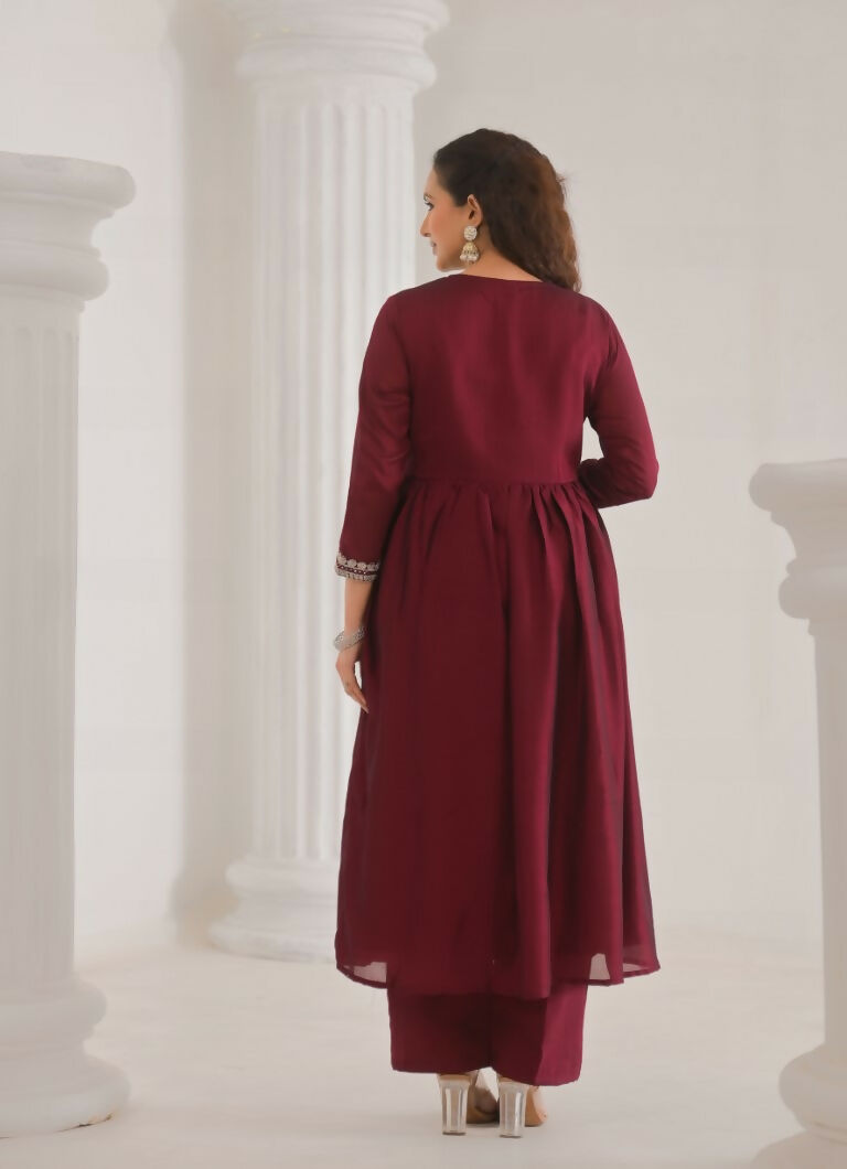 Ethnic Festive Wear Vichitra Silk Wine Stitched Suit With Dupatta - Tanisha | Swadesiicart