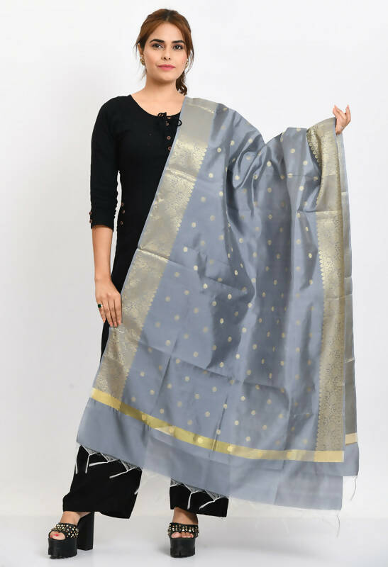 Mominos Fashion Moeza Women's Banarsi Silk Woven Design Grey Dupatta - Mominos Fashion