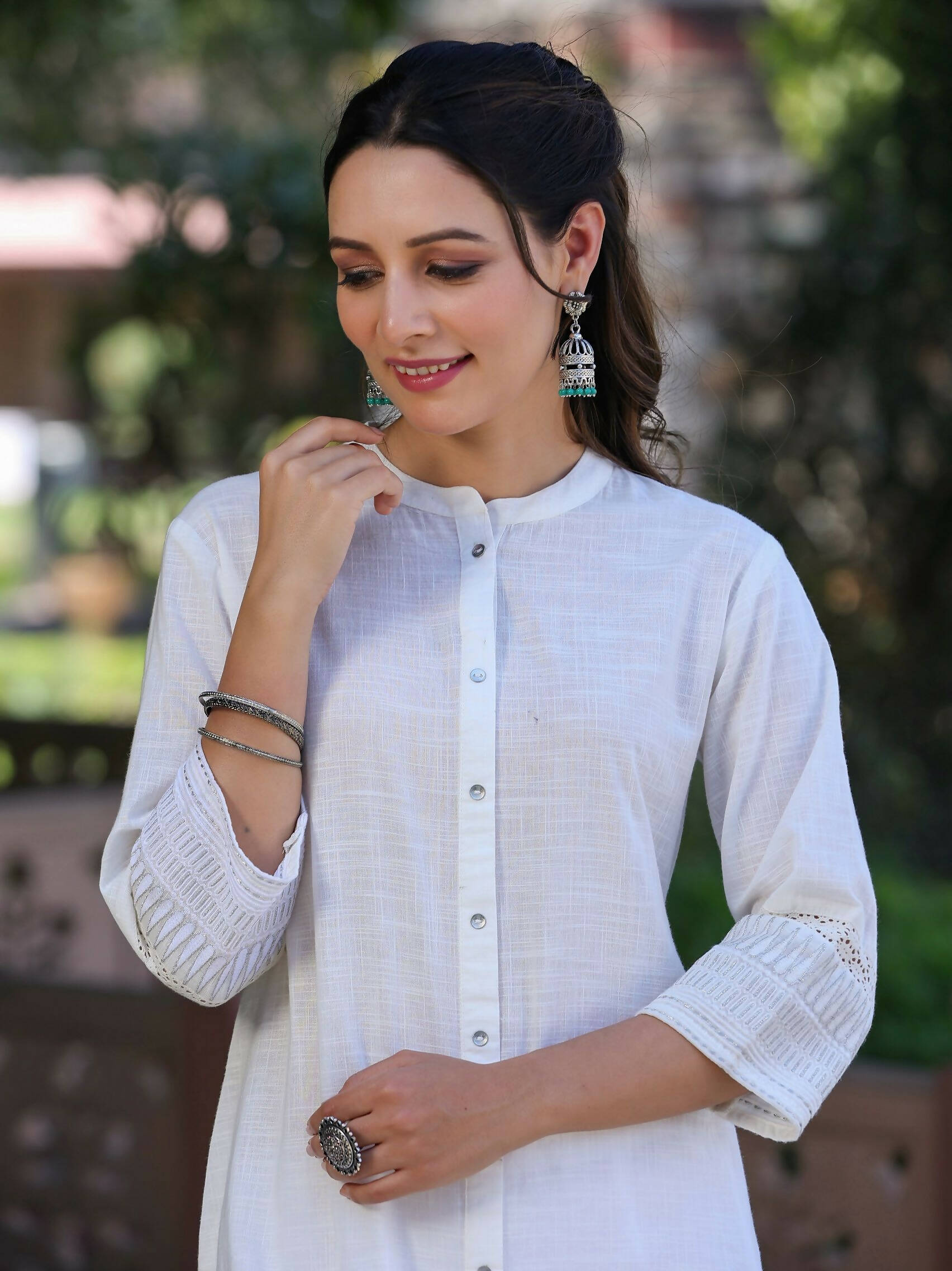 Juniper Women's White Cotton Slub Embroidered Straight Kurta | Swadesiicart