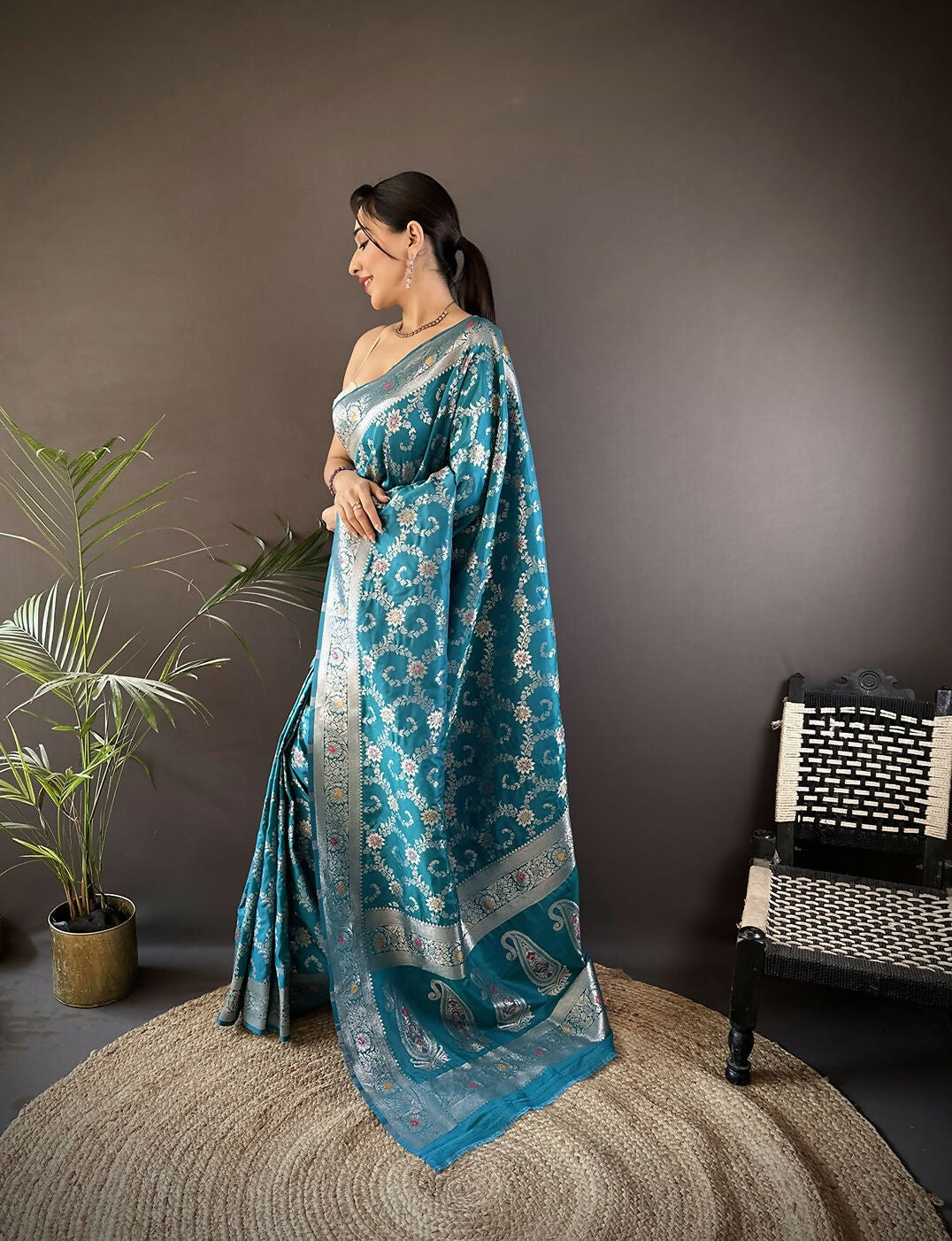 Joban Fashion Turquoise Meenakari Banarasi Silk Sarees | Swadesiicart