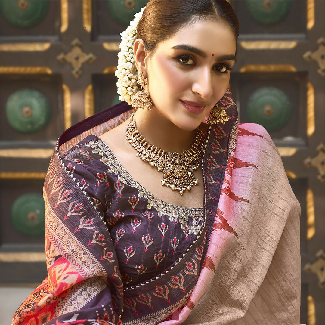 Beige Bhagalpuri Silk Pure Gota Work Saree With Unstitched Blouse - Norita Gajri